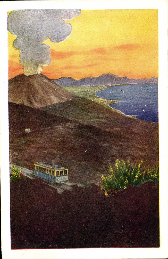 Vesúvio — Vulcão fumegante ao pôr do sol — Railway & C. Napoli - Frente
