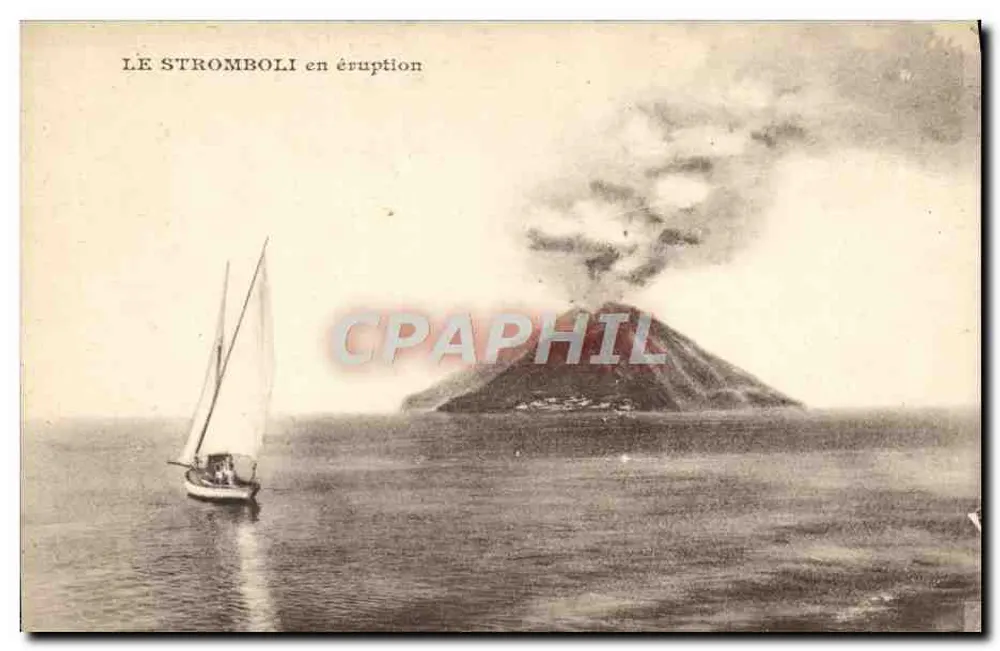 O Stromboli em erupção — vista com um barco a vela — editor não identificado - Frente