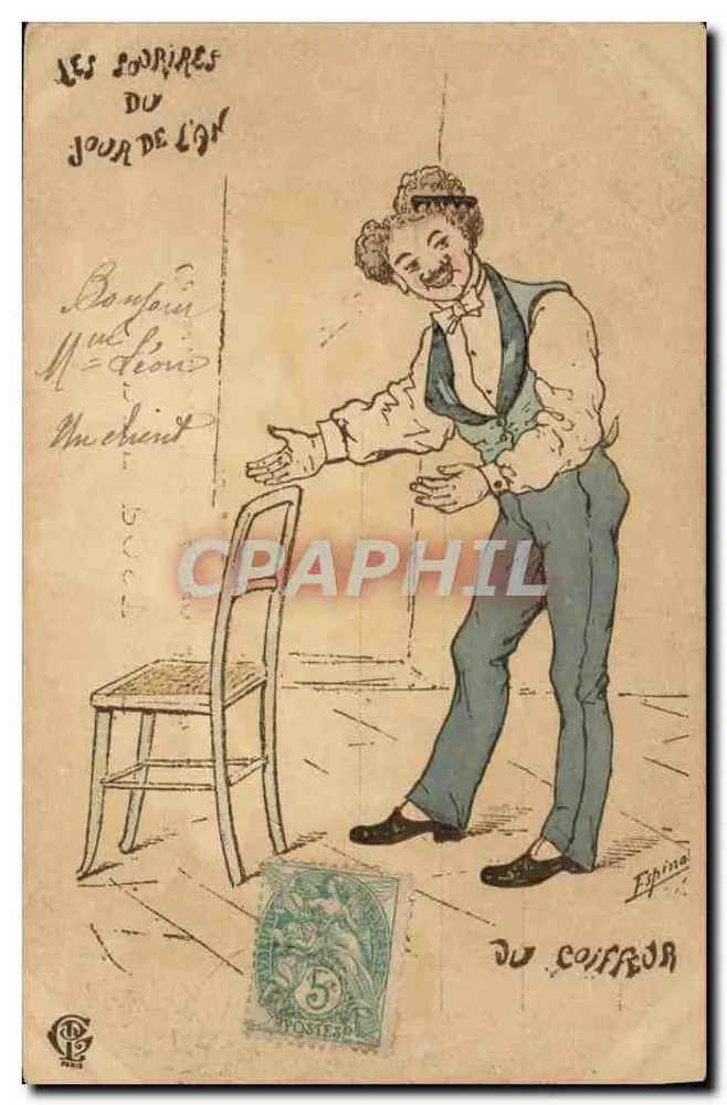 Die Lächeln des Neujahrstags — Karikatur eines lachenden Mannes neben einem Stuhl — Verleger: Du Costeur, signiert 'Ephina' - Vorderseite