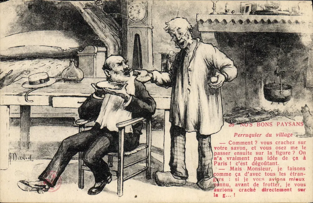 Friseur des Dorfs — humoristische Karikatur — Verleger nicht sichtbar, Seriennummer 26 - Vorderseite