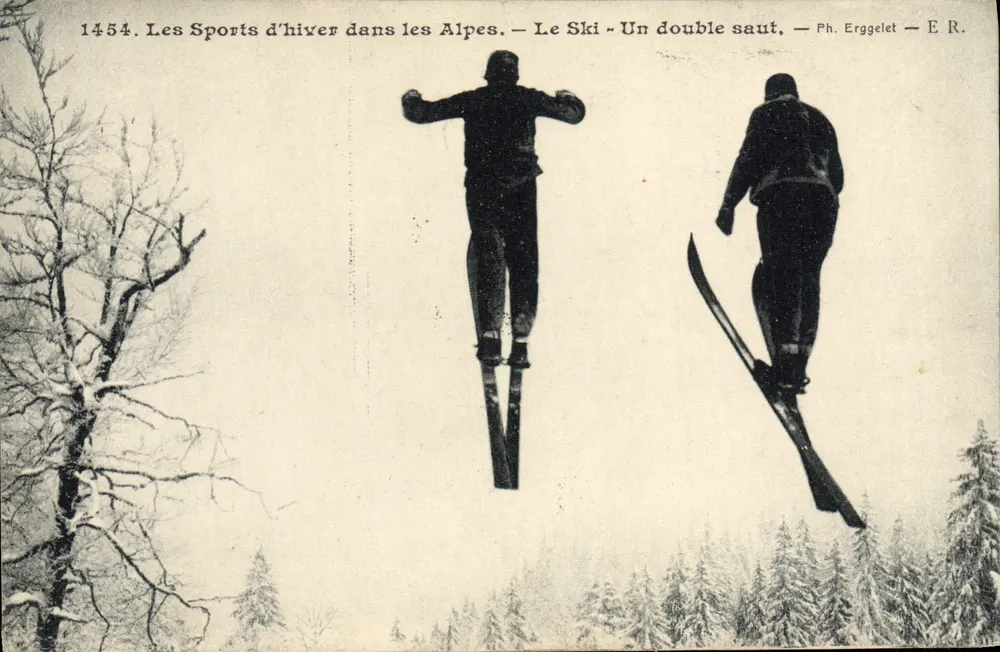 Winter-Sport in den Alpen — Skifahren — Ein Doppelsprung — Ph. Erggelet — E.R. - Vorderseite