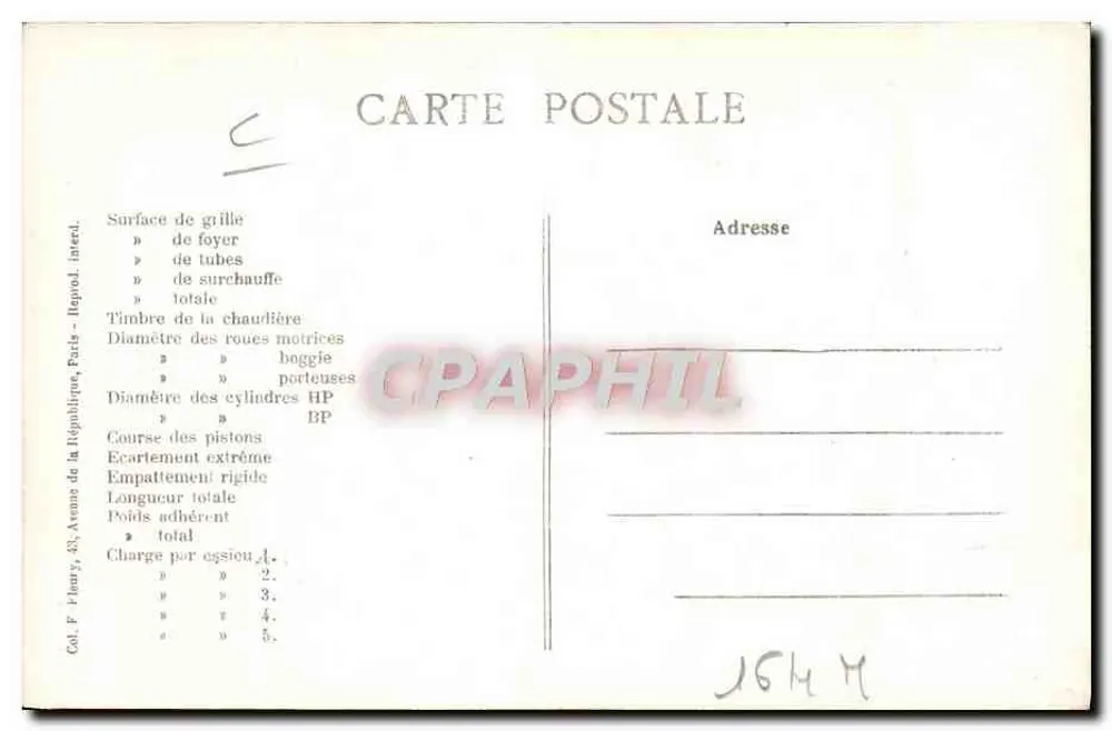 Locomotiva francesa n° 5232 — Ateliers de Epernay — F. F. Paris - Verso