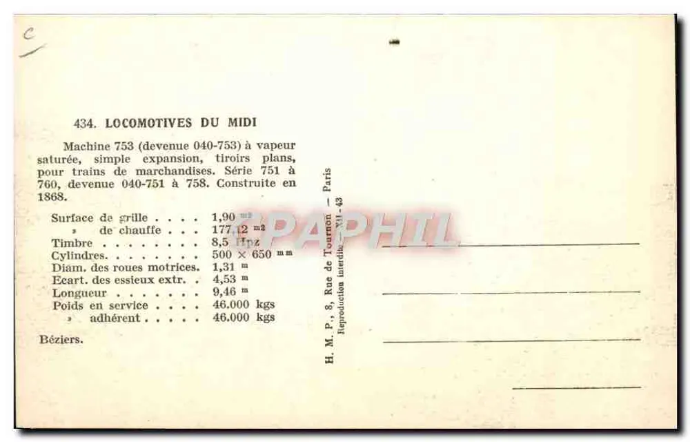 Locomotivas do Midi — Máquina 753 (tornada 040-753) a vapor saturado — H. M. P., Paris - Verso