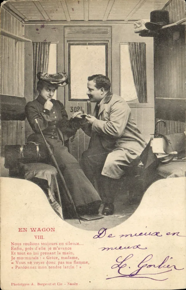 No vagão VIII — cena de trem — Fototipia A. Bergeret e Cie, Nancy - Frente