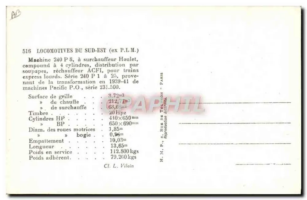 Dampflokomotive 240 P 8 — Serie 240 P 1, Südost (ex P.L.M.) — H. M. P., Rue de Tolbiac - Paris - Rückseite