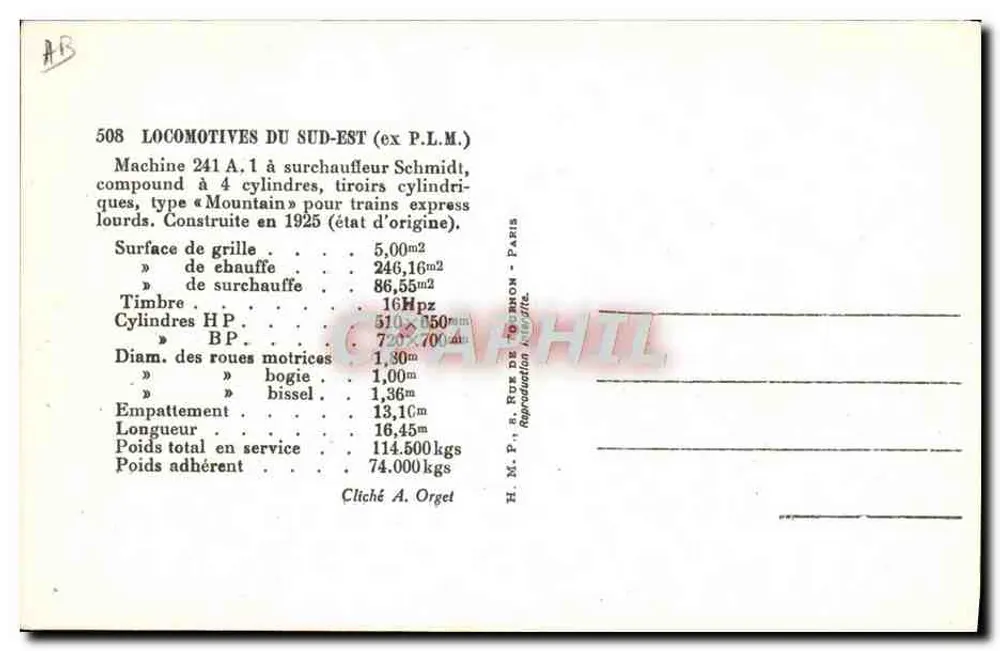 Dampflokomotive 241 A.1 — Südosten (ex P.L.M.) — H.M.P. Paris - Rückseite