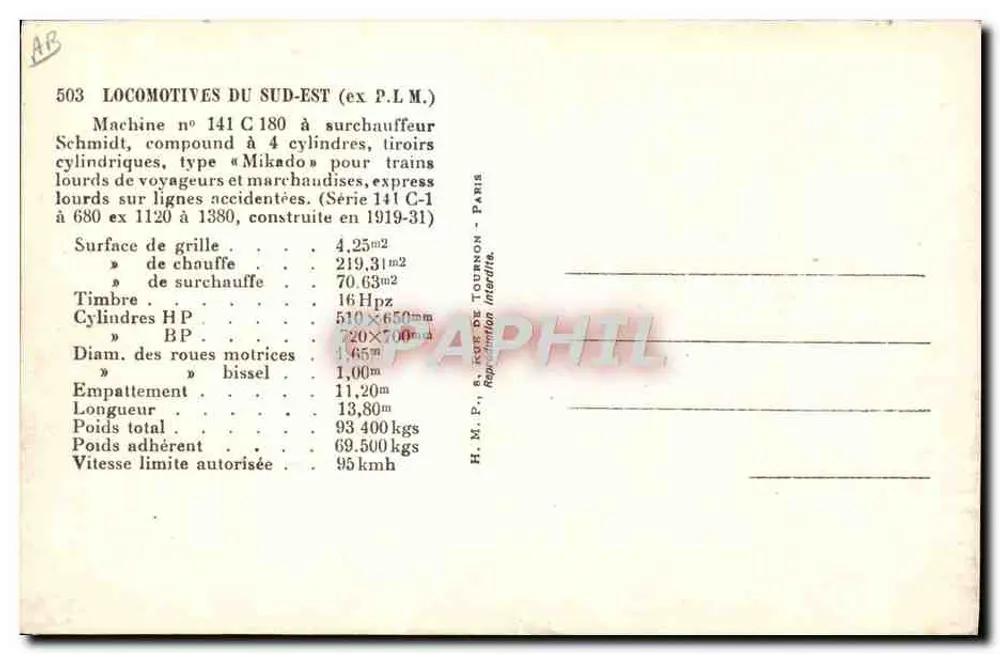 Dampflokomotive n°141 C-1 — Sud-Est (ex P.L.M.) — H.M.P. - Serie 141 C-1 - Rückseite