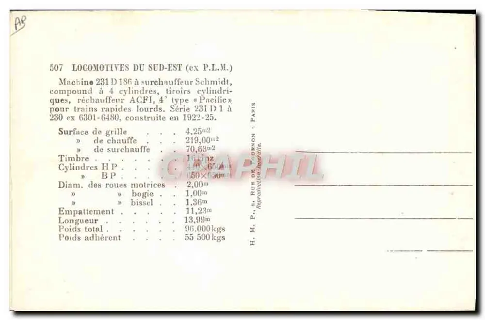 Dampflokomotive 231 D 186 — Serie 231 D — H. M. F. RUMON - PARIS - Rückseite