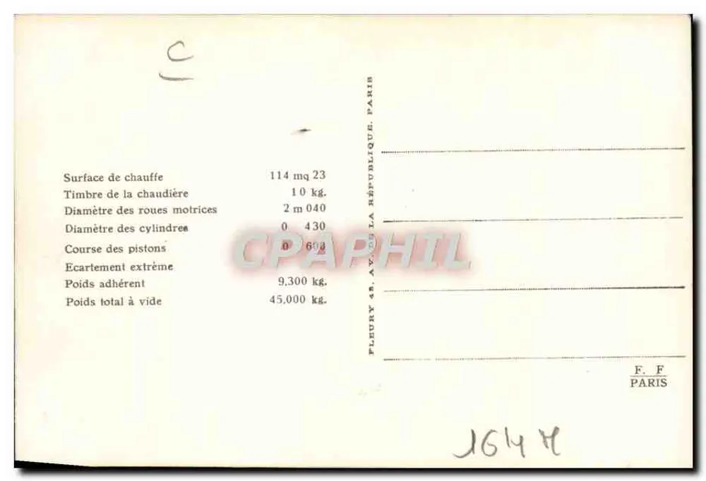 Locomotiva N° 220-114 — antiga 635 Oeste — série 220-101 a 220-114 — Estado - Verso