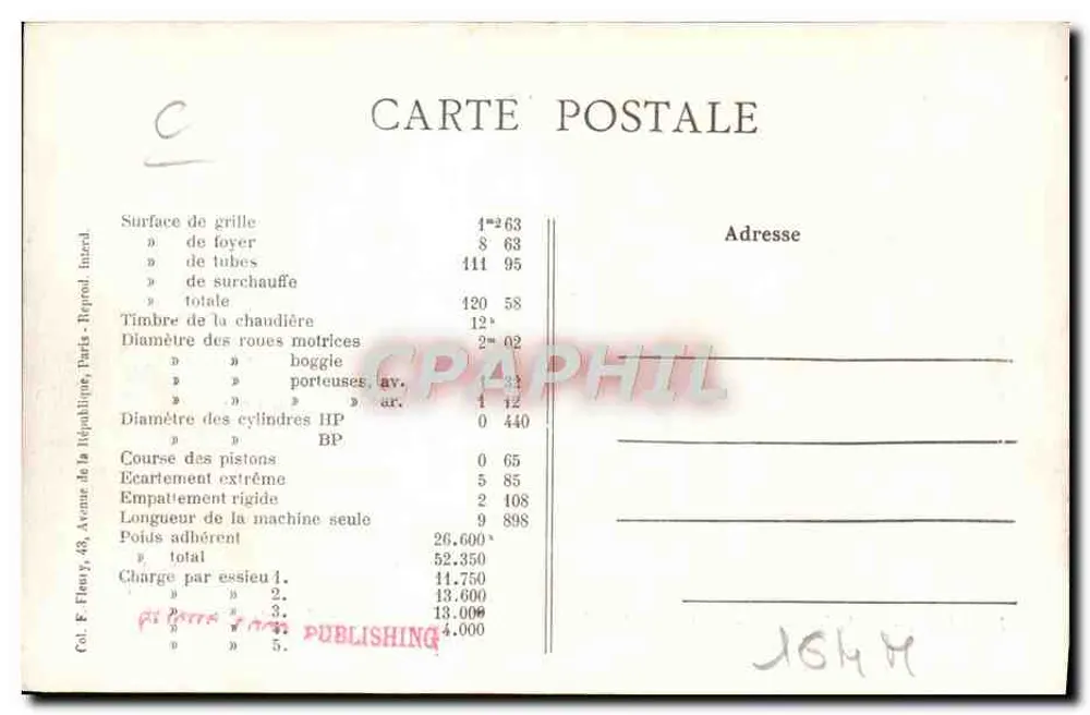 Locomotiva francesa n° 2604 — Ateliers de Fives-Lille — F. F. Paris - Verso