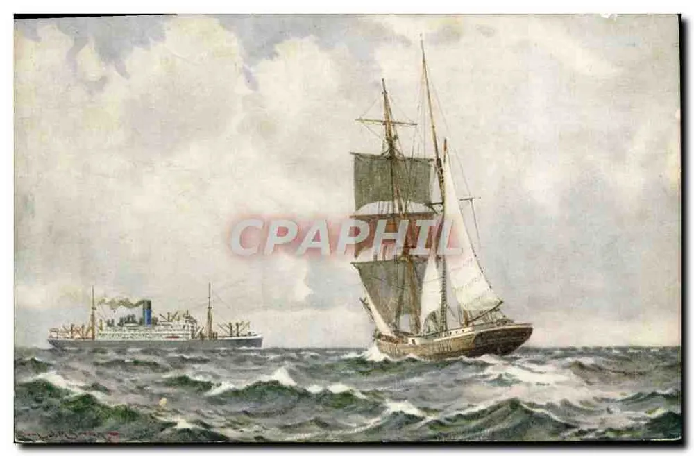 Navio a vapor e barco a vela no mar — The Blue Funnel Line, Alfred Holt & Co., Liverpool - Frente