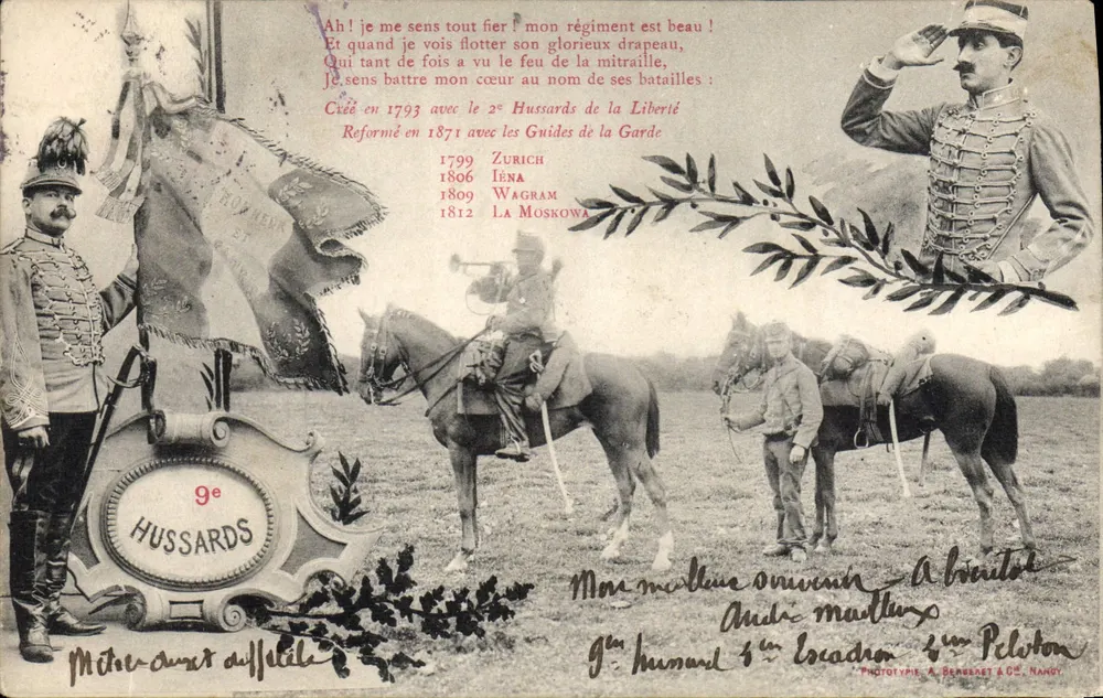 9º Hussardos — História e detalhes do regimento — Fototipo A. Berberet & Cie, Nancy - Frente