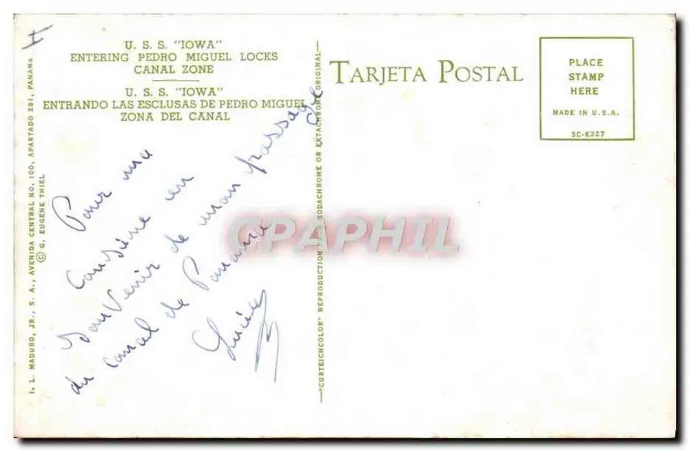 U.S.S. "IOWA" — Eintauchen in die Schleusen von Pedro Miguel — Tarjeta Postal, Verlag G. Eugene Thiel, n° 3C-K327 - Rückseite