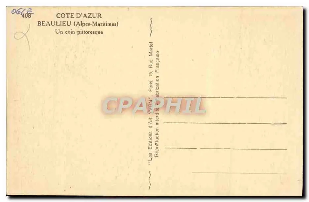 Beaulieu (Alpes-Maritimes) — Um canto pitoresco — Les Éditions d'Art 'Véron', Paris - Verso