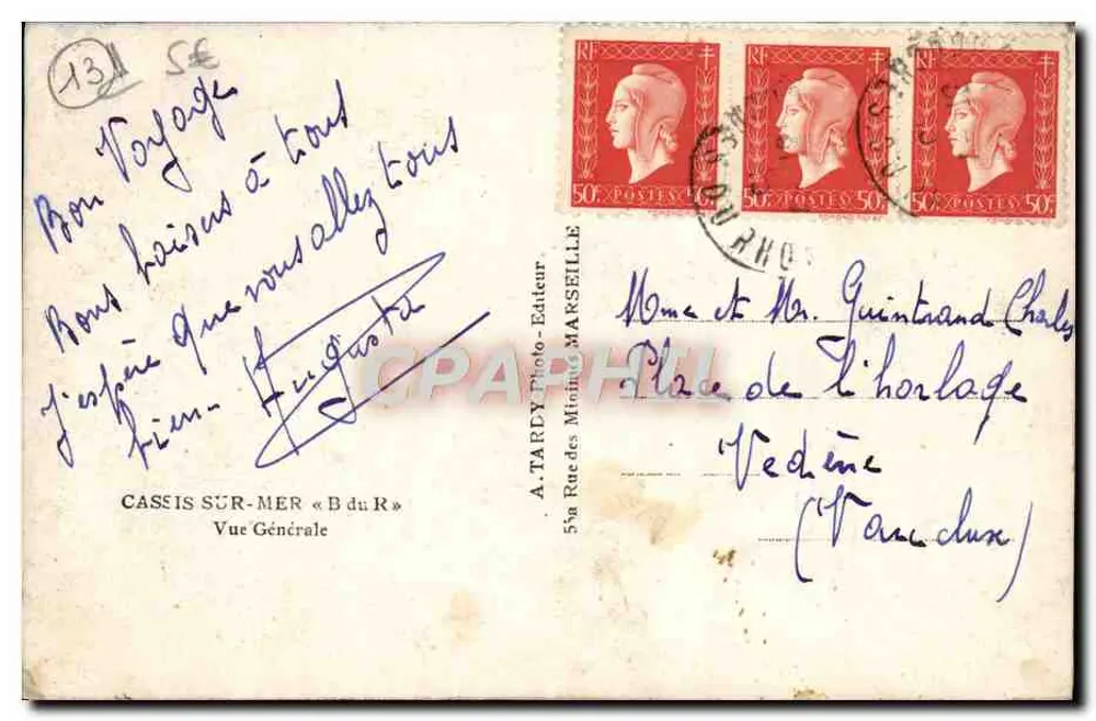 Cassis-sur-Mer — Vista Geral — A. Tardy, editor, Marselha - Verso