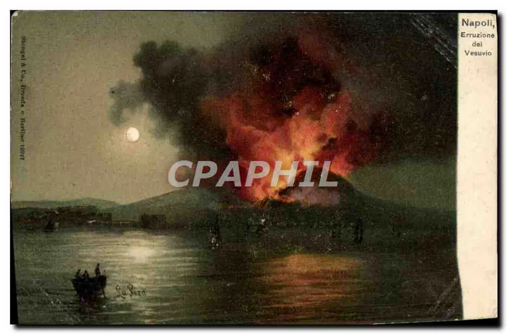 Napoli, Ausbruch des Vesuvs — nächtliche Illustration mit Mond und Boot — Verlag Shippel & Cie, Berlin 1912 - Vorderseite