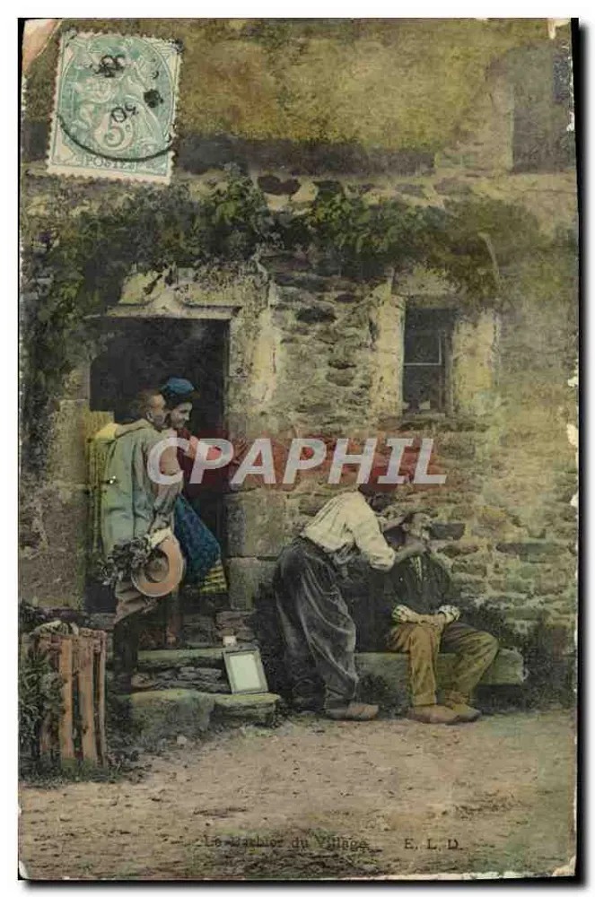 Le Barbier du Village — scène de rue devant une maison en pierre — E. L. D. - Frente