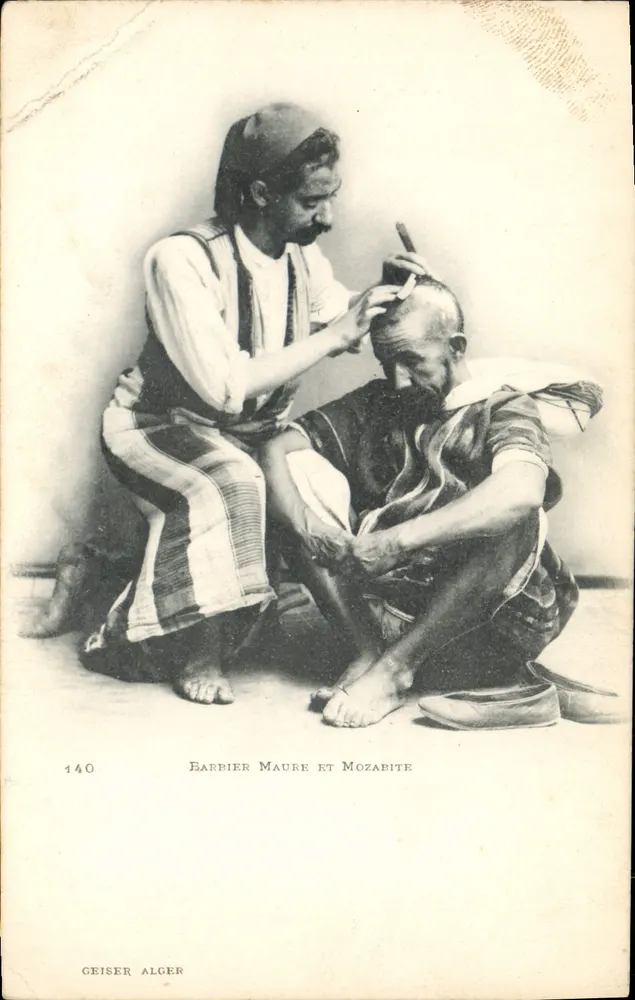 Barbier Maure et Mozabite — scène de coiffure — éditeur GEISER ALGER, n° 140 - Frente
