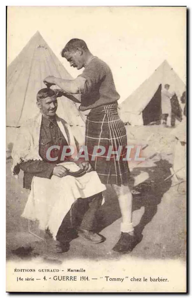Tommy beim Friseur — Krieg 1914 — Éditions Guiraud, Marseille, 14. Serie, Nr. 4 - Vorderseite