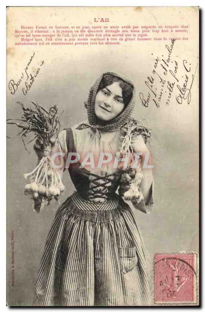 Mulher segurando bulbos de alho — O Alho — editor A. Siret & Cie, Nantes - Frente