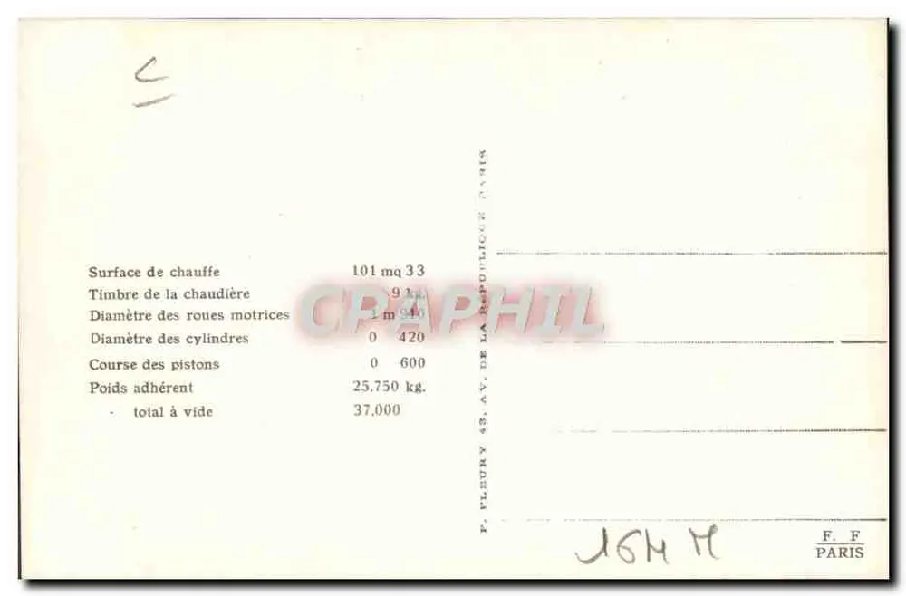 Locomotiva francesa — Série 707 a 743 — Editor F. F. - Verso