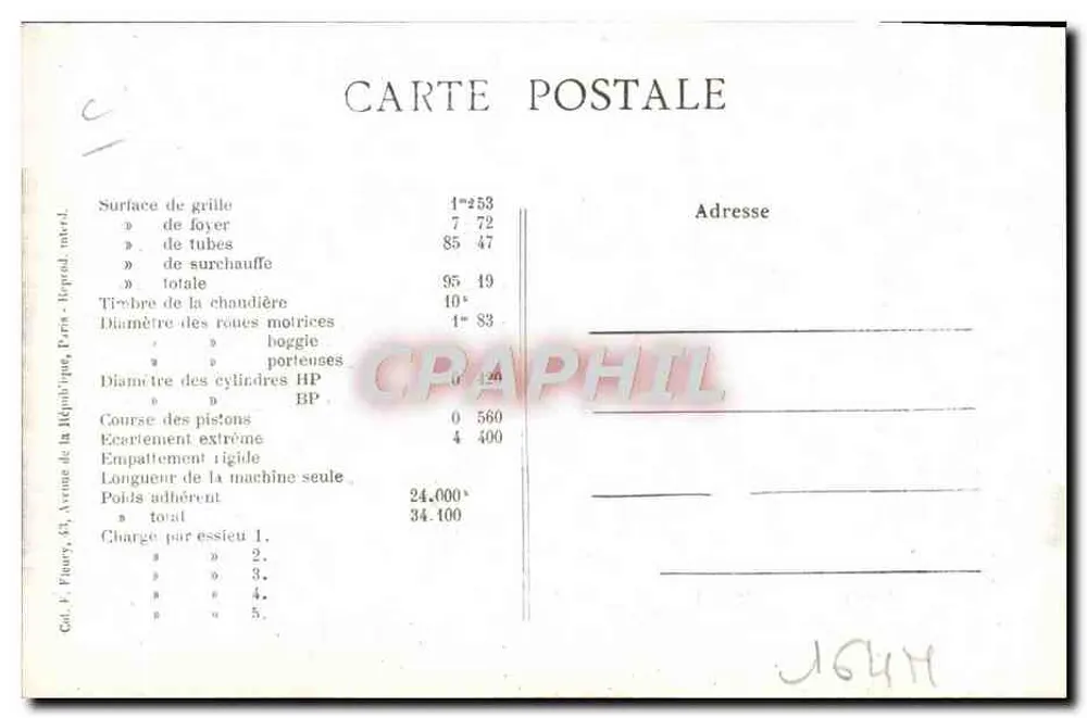 Locomotiva francesa Norte n°2568 — Série 2451 a 2631 — editor F.F. Paris - Verso