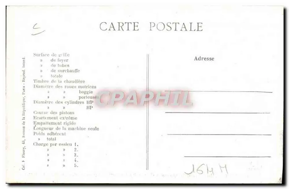 Locomotiva francesa (Nord) — Máquina n° 3039, « Courte-Queue », série E — editor F.F. Paris - Verso