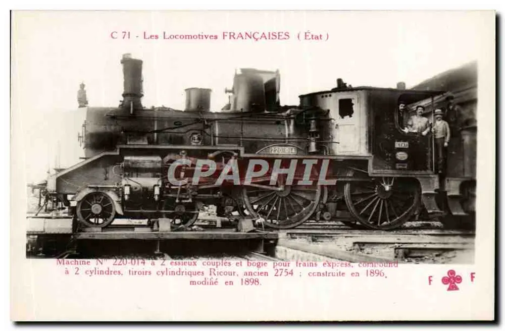 Locomotiva francesa a 2 cilindros — Máquina N° 220-014 — Editor F. Pleury, Paris - Frente