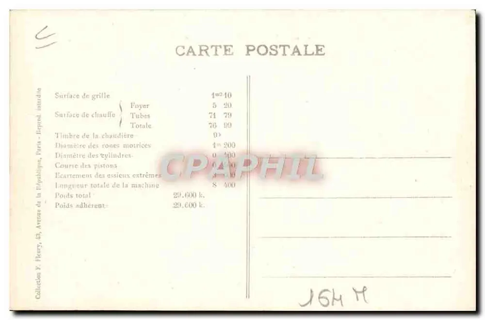 Machine-tender N° 30-022 — Les Locomotives Françaises (État) — F. F. PARIS - Verso