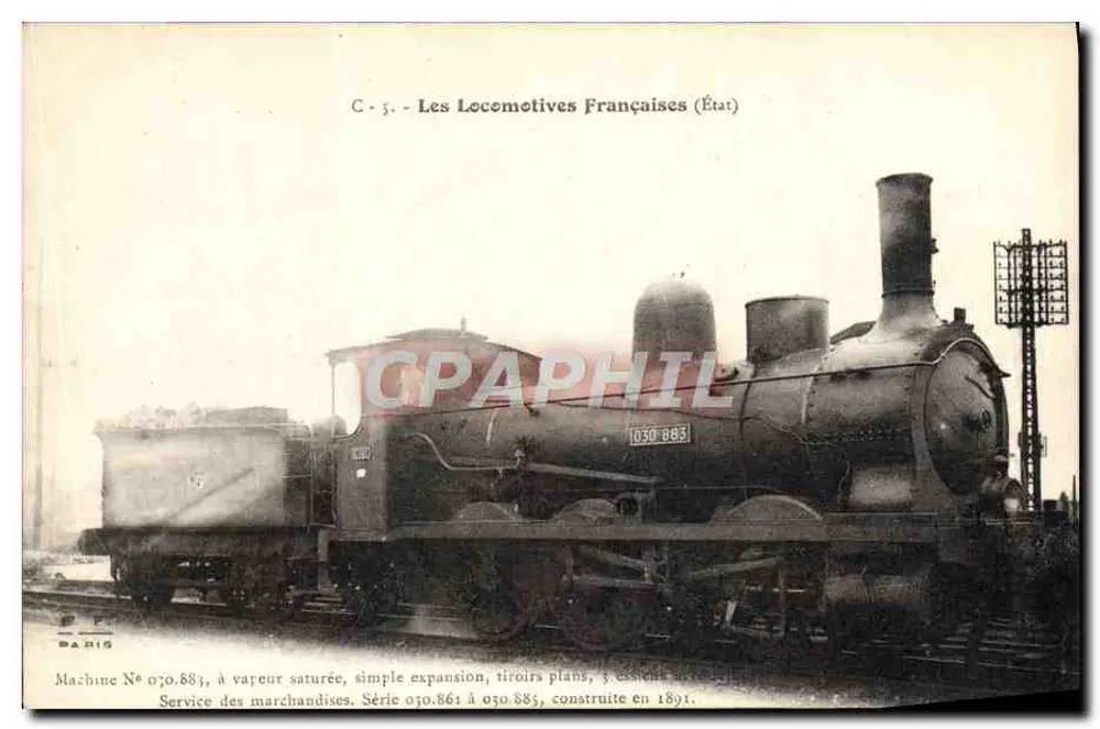 Locomotiva a vapor saturada — Máquina n° 030.883 — Estado — Coleção F. Plaury, Paris - Frente