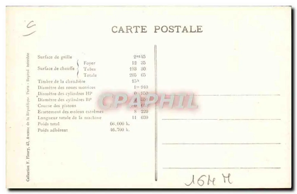 Locomotiva francesa n° 230-609 — Série 230-571 a 230-618 — F. Fleury, Paris - Verso