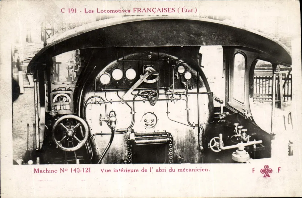 Innenansicht des Maschinistenabteils — Französische Lokomotive Nr. 140-121 — Verlag F.F. Nr. C 191 - Vorderseite