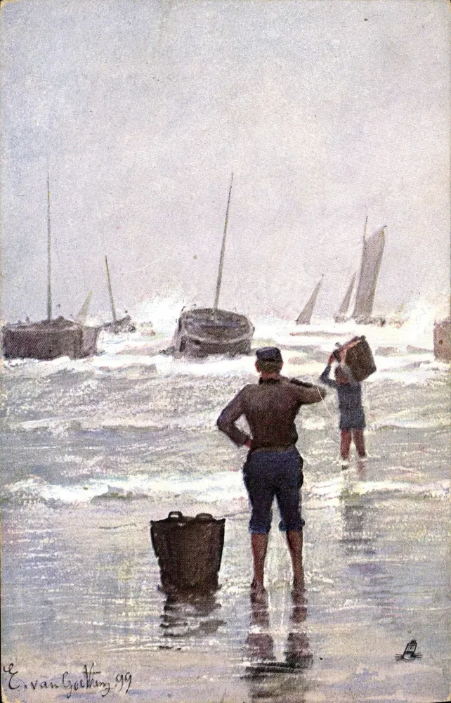 Pescadores na praia — ondas e barcos a vela — desenho de E. van Goethking, 1899 - Frente