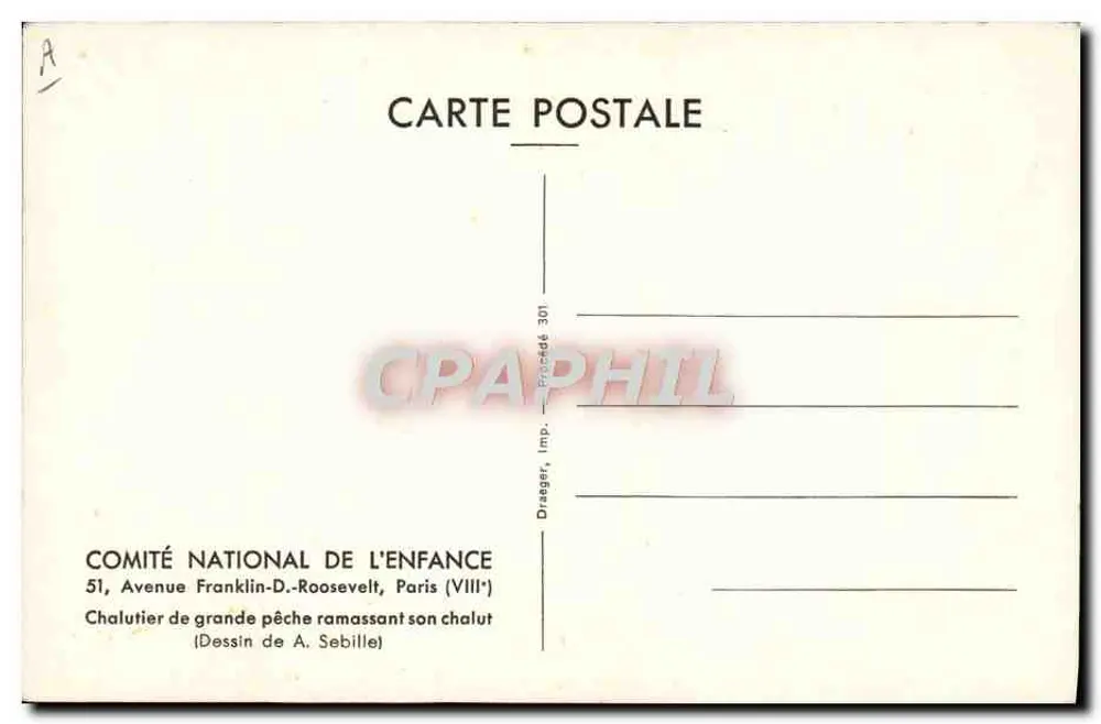 Großer Fischereitrawler, der sein Netz auswirft — Zeichnung von A. Sebille — Comité National de l'Enfance, Paris - Rückseite