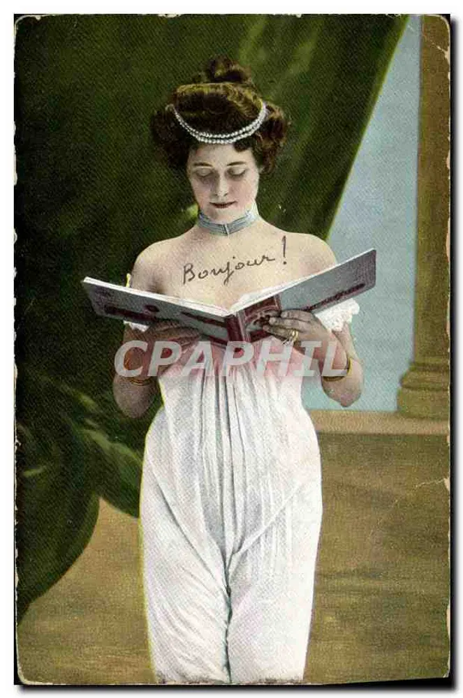 Femme en robe blanche lisant un livre — 'Bonjour !' écrit en lettres cursives sur la couverture — éditeur 'CPAPHIL' et n° de série 990 - Frente