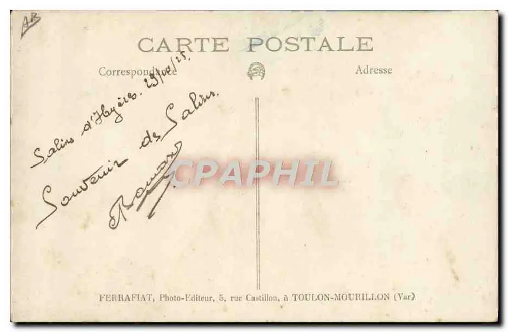 Kriegsschiff — Rauch aus Schornsteinen — Verlag Ferrariat, Toulon-Mourillon - Rückseite