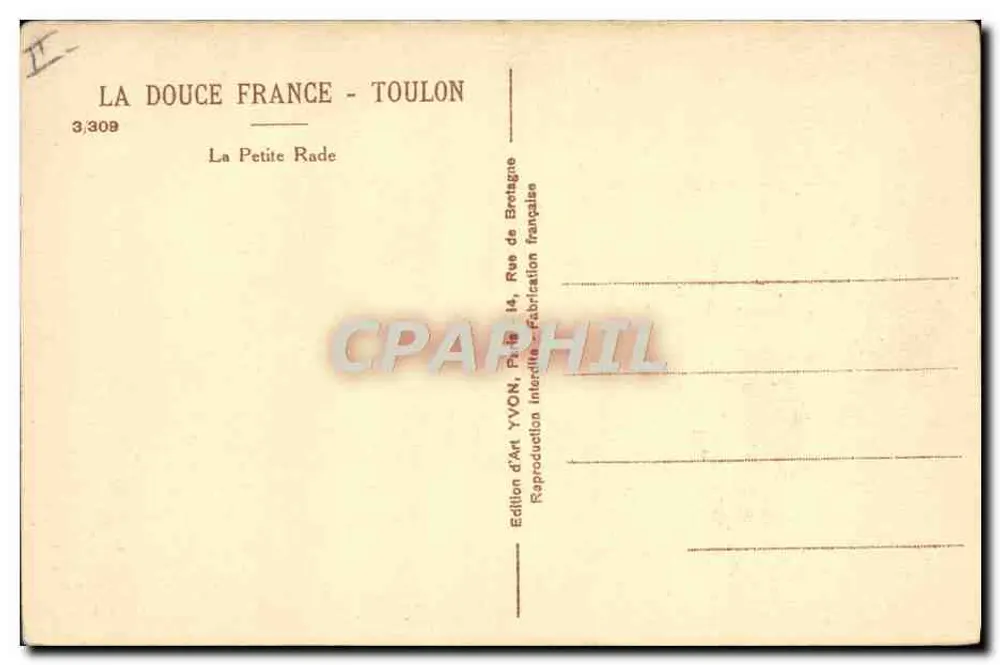 A Pequena Baía - Toulon — A Doce França, edição Yvon, n°3/309 - Verso