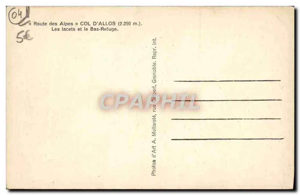 Col d'Allos — Die Schlingpass und das Untere Schutzhaus — Photos d'Art A. Mollaret, Grenoble - Rückseite