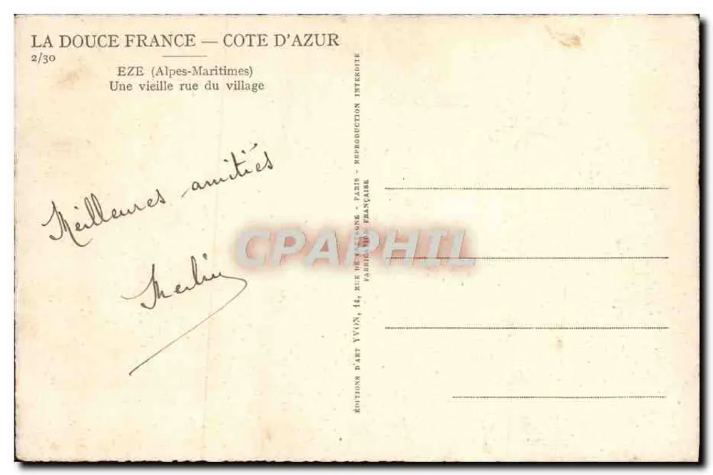 Eze (Alpes-Maritimes) — Eine Ansicht einer alten Dorfstraße — Éditions d'Art Yvain, Paris - Rückseite
