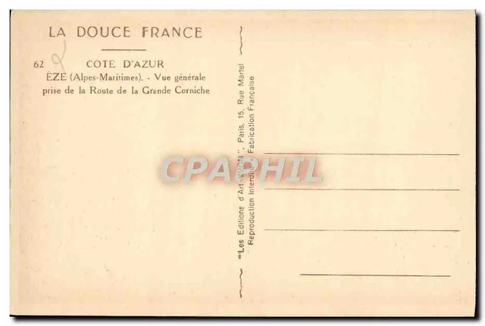 Éze — Allgemeiner Blick von der Route de la Grande Corniche — Éditions d'Art 'La Douce France' - Rückseite