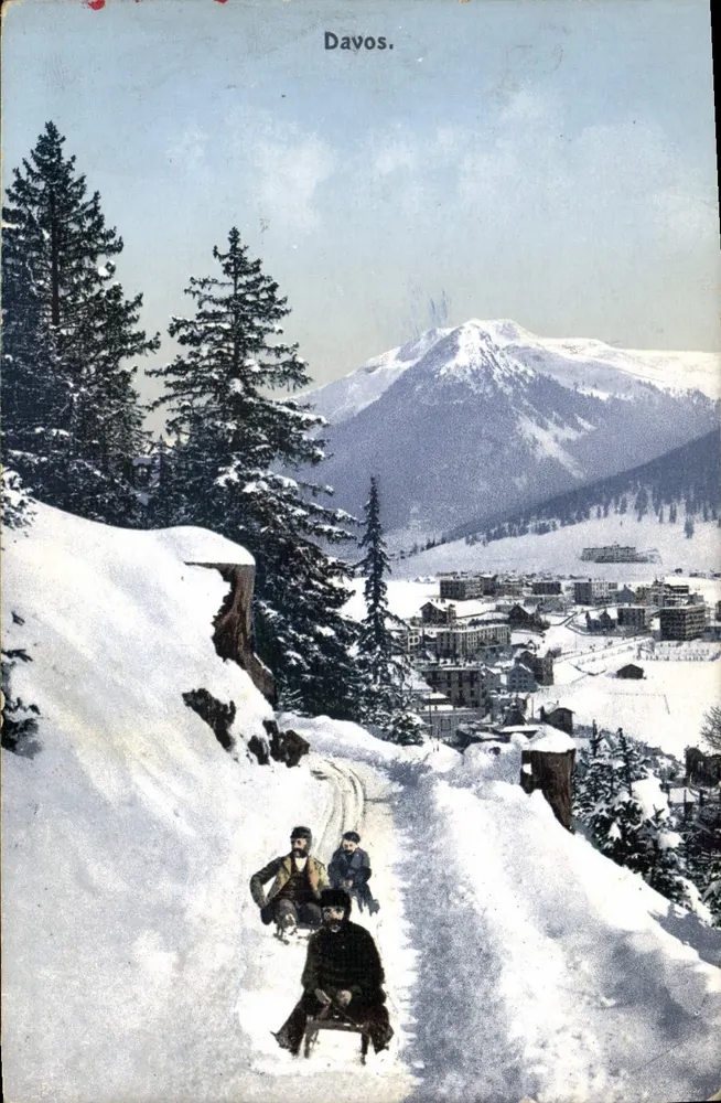Davos — Winterlandschaft mit Schlittenfahrt — J. Tomaazewski, N° 1018 - Vorderseite