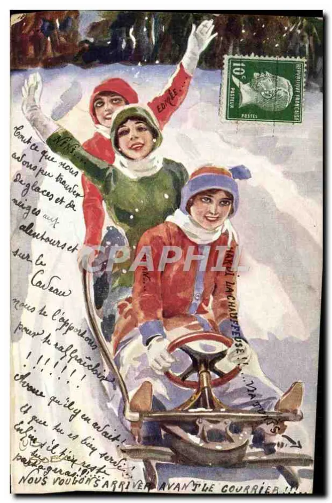 Drei junge Frauen in einem Schlitten — Winterlandschaft — Verlag H. LACHAUDEUSE, n° 10 - Vorderseite