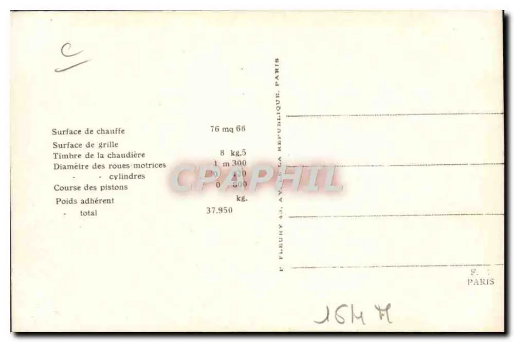 Locomotiva francesa N° 30-700 — Série 30-601 a 30-704 — Editor F. Fleury, Paris - Verso