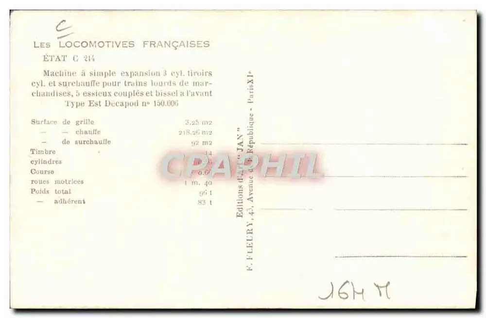 Locomotiva francesa — Estado C 214 — Edições F. Fleury, Paris - Verso