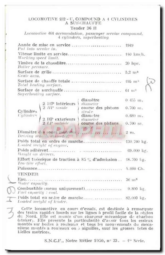 Locomotiva 232.U.I — S.N.C.F., 1ª Série — 1949 - Verso