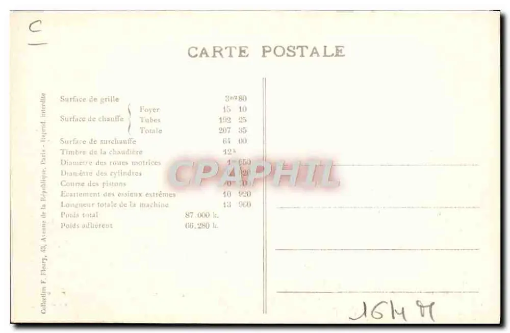 Locomotiva francesa n° 141-082 — Série 141-001 a 141-250 — Editor F. F. Paris - Verso