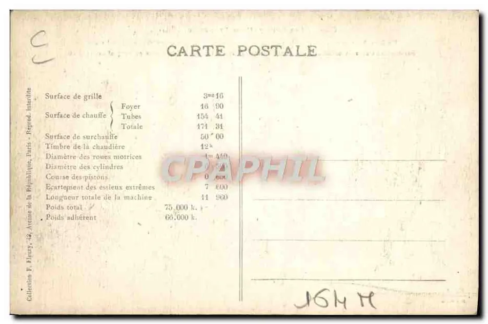Locomotiva francesa n° 140-367 — Série 140-101 a 140-370 — Editor F. Flury, Paris - Verso