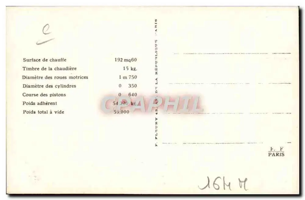 Locomotiva francesa n° 230-123 — Série 230-101 a 230-125 — Editor F. F. Paris - Verso