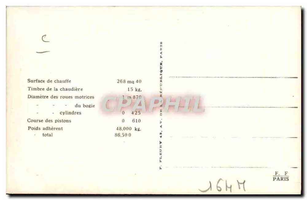 Bayerische Lokomotive 3605 — Serie S 3/6 3602 bis 3679 — Verlag F. F. Paris - Rückseite