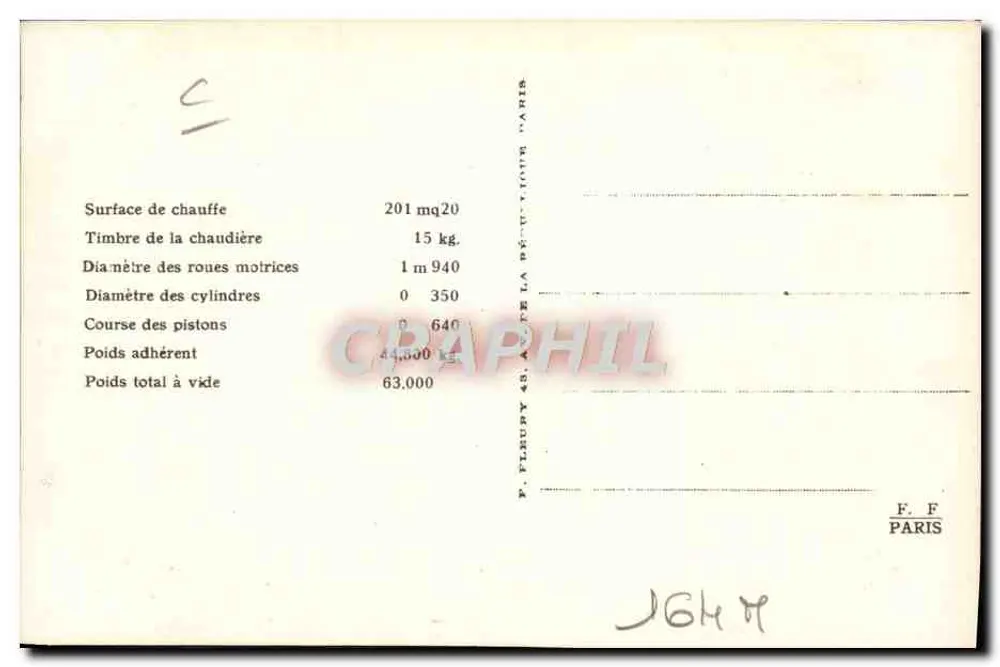 Locomotiva n° 2703 — Série 2701-2710 — Editor F. Fleury, Paris - Verso